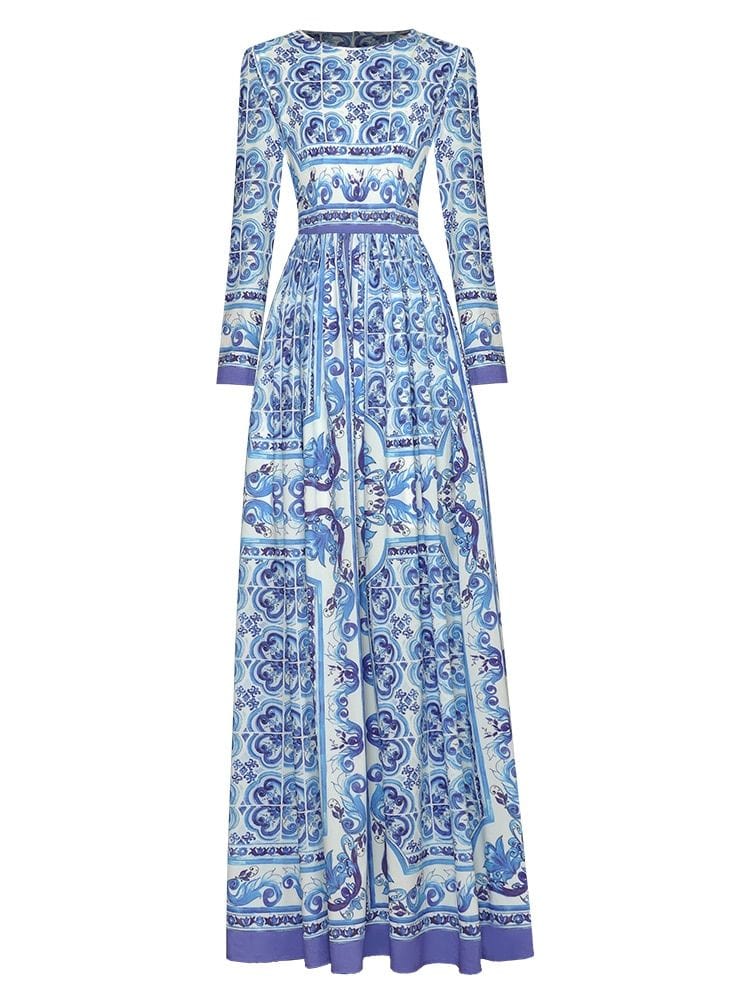 Lucy Long Sleeve Print Midi Dress - Blue Print