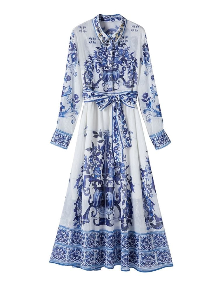 BOHEMIAN THE LABEL  BLUE PRINT / S Kim Long Sleeve Print Midi Dress