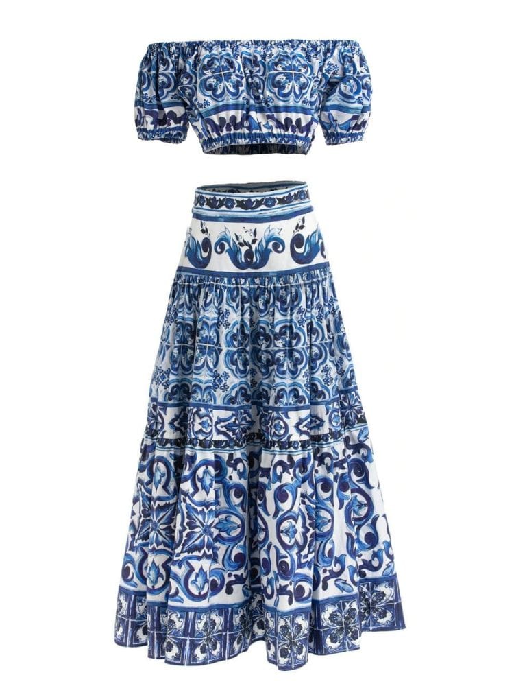 BOHEMIAN THE LABEL  BLUE PRINT / S Kim Off Shoulder Short Sleeve Crop Top and Skirt Set