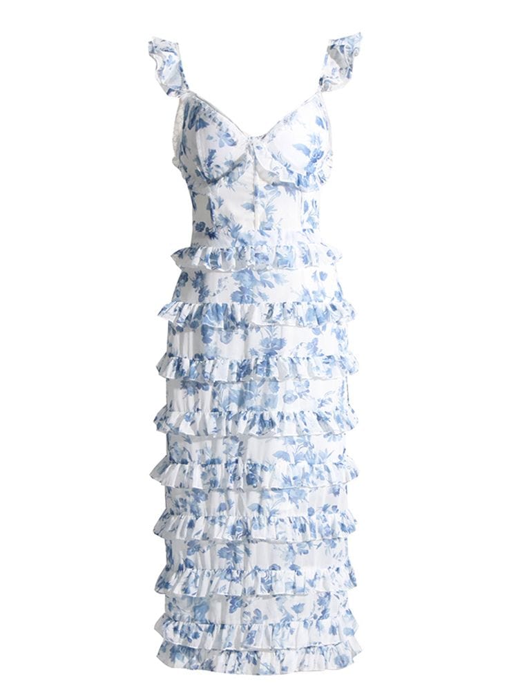 BOHEMIAN THE LABEL  BLUE VINTAGE PRINT / S Abi V Neck Corset Midi Dress