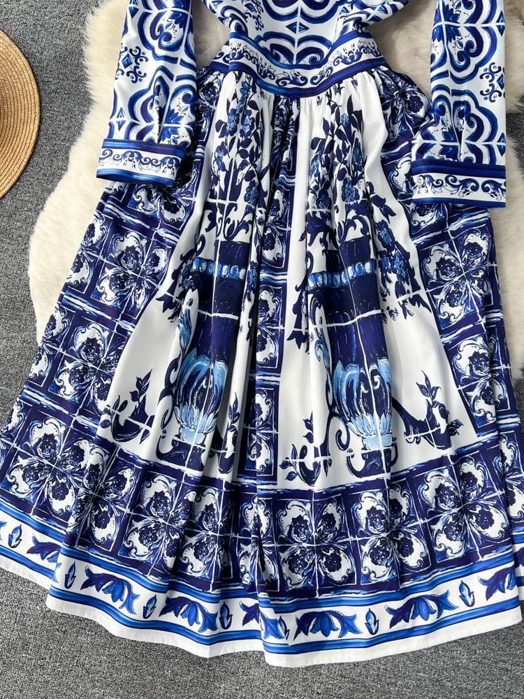 BOHEMIAN THE LABEL  Kim Long Sleeve Shirt Print Dress -Blue Print