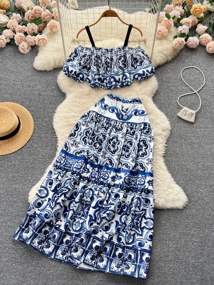 Normae Two Piece Set - Long Sleeve Bustier Top & Mini Skirt Set in  White/blue floral