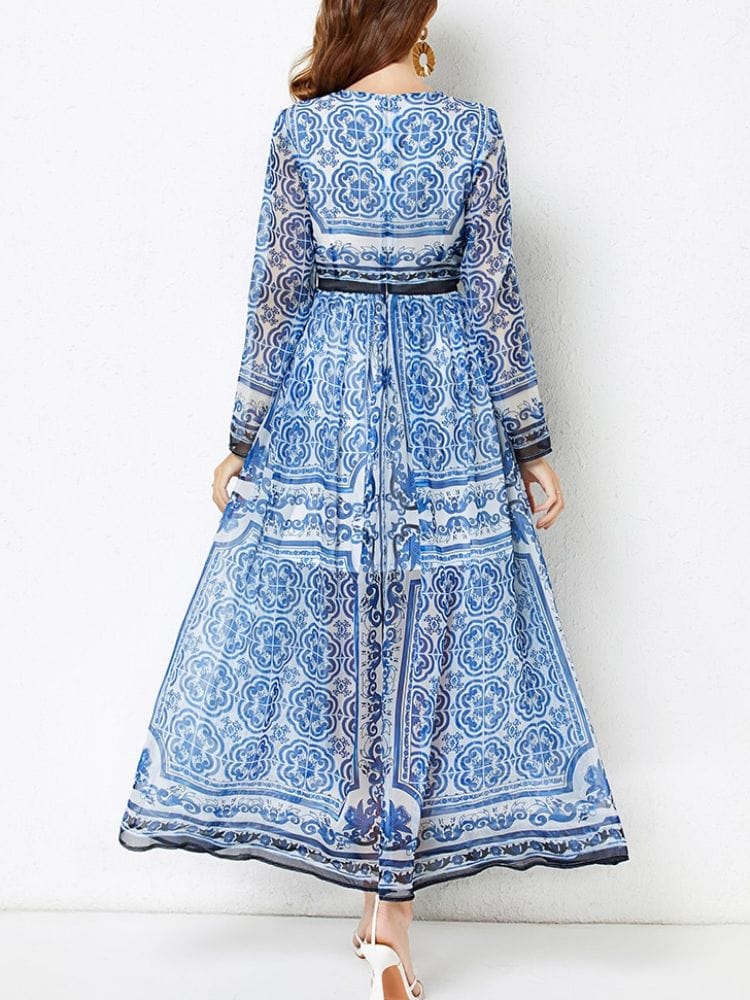 Lucy Long Sleeve Print Midi Dress - Blue Print