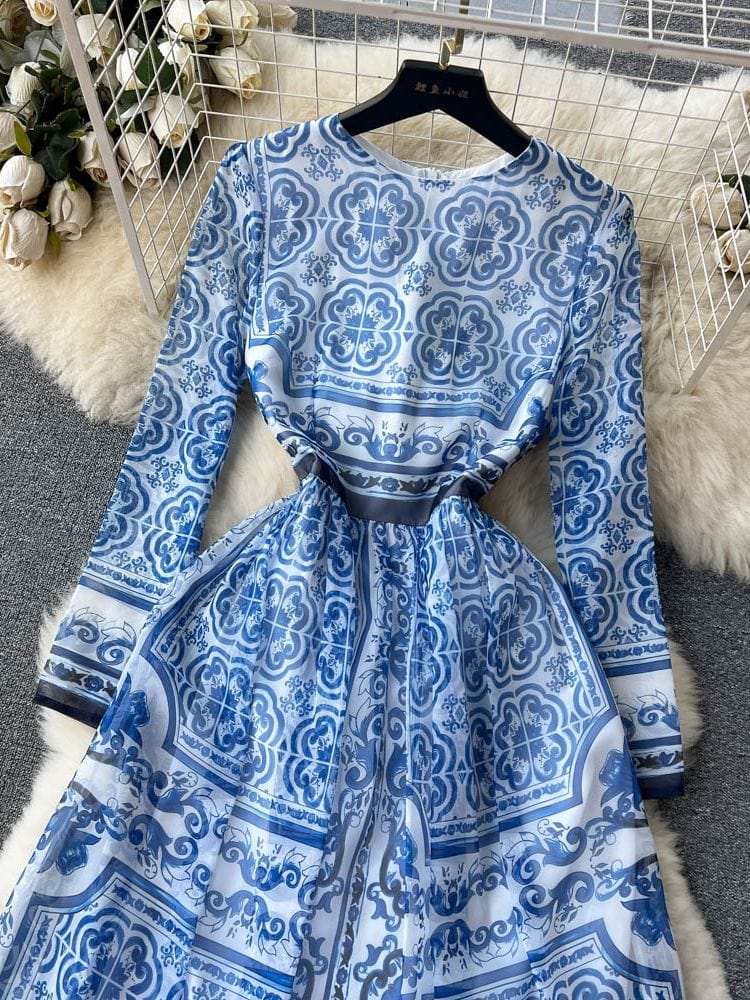 Lucy Long Sleeve Print Midi Dress - Blue Print