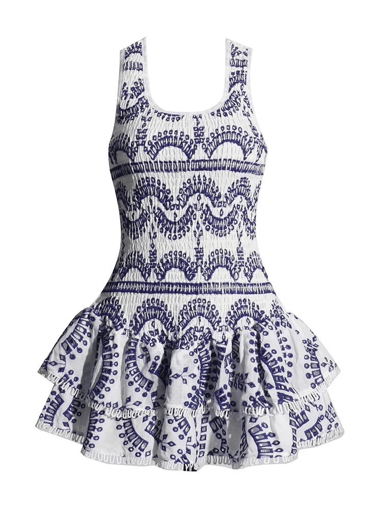 BOHEMIAN THE LABEL  NAVY BLUE PRINT / S Cora Round Neck Print Mini Dress