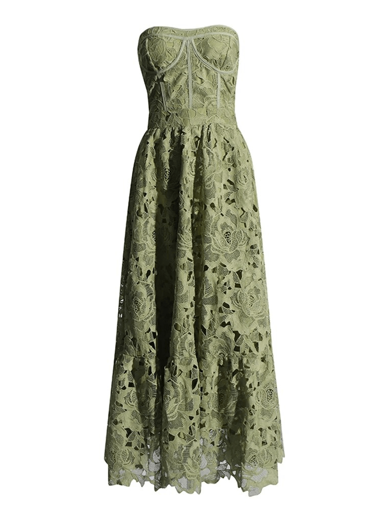 BOHEMIAN THE LABEL  OLIVE GREEN / S Selene Strapless Midi Lace Dress