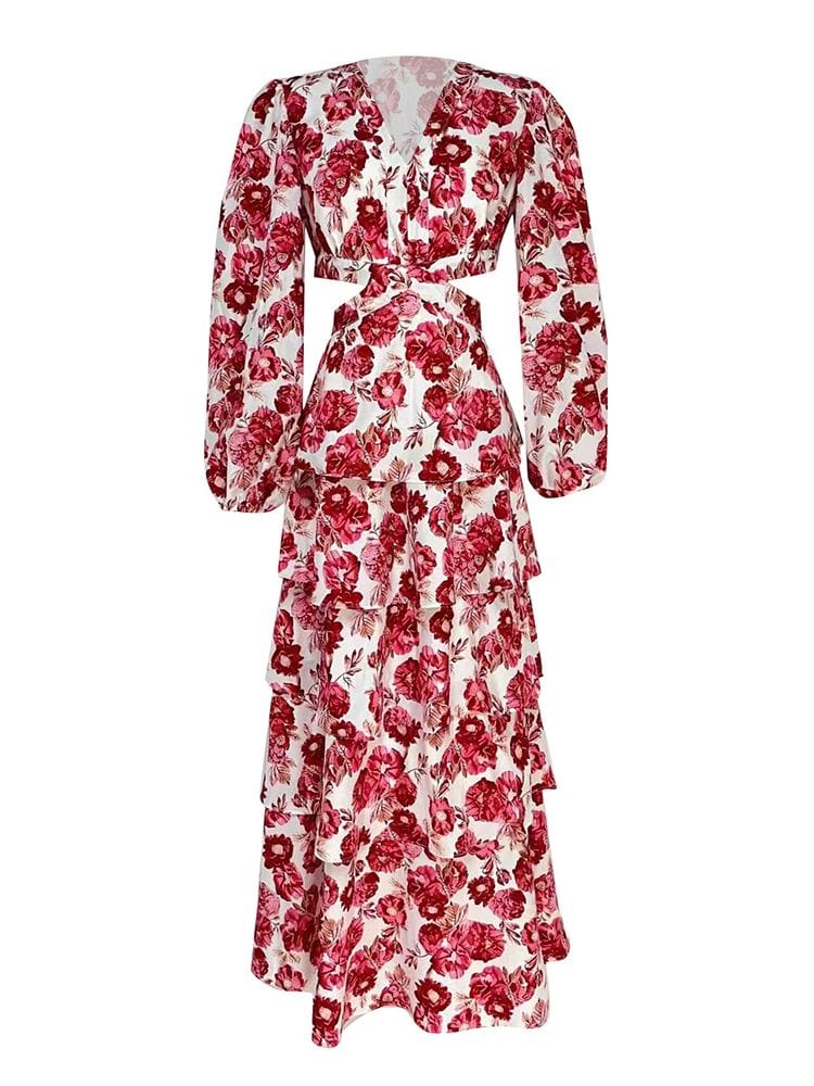 BOHEMIAN THE LABEL  RED FLORAL / S Victoria V Neck Long Sleeve Midi Dress