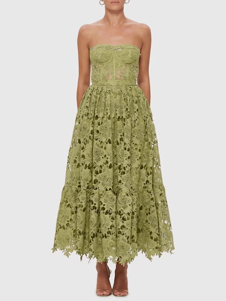 BOHEMIAN THE LABEL  Selene Strapless Midi Lace Dress