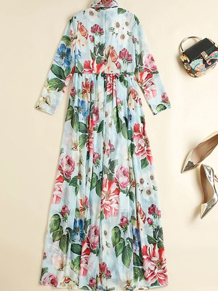 BOHEMIAN THE LABEL  Ava Bow Tie Long Sleeve Floral Gown Dress