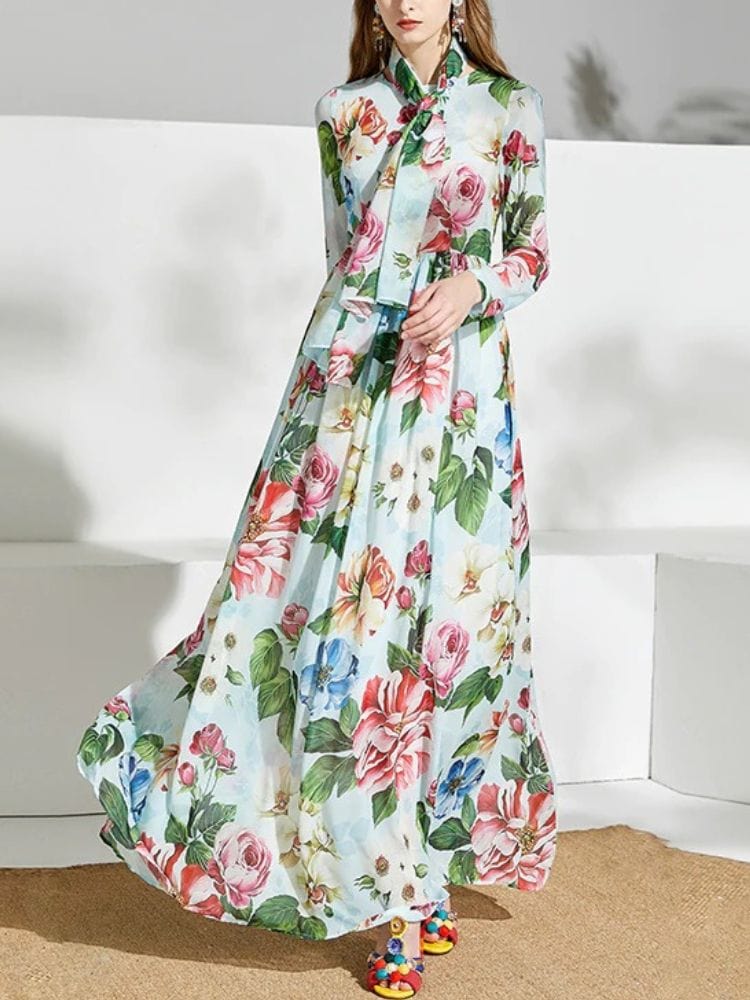 BOHEMIAN THE LABEL  Ava Bow Tie Long Sleeve Floral Gown Dress