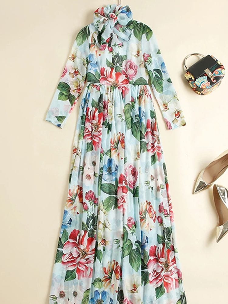 BOHEMIAN THE LABEL  Ava Bow Tie Long Sleeve Floral Gown Dress