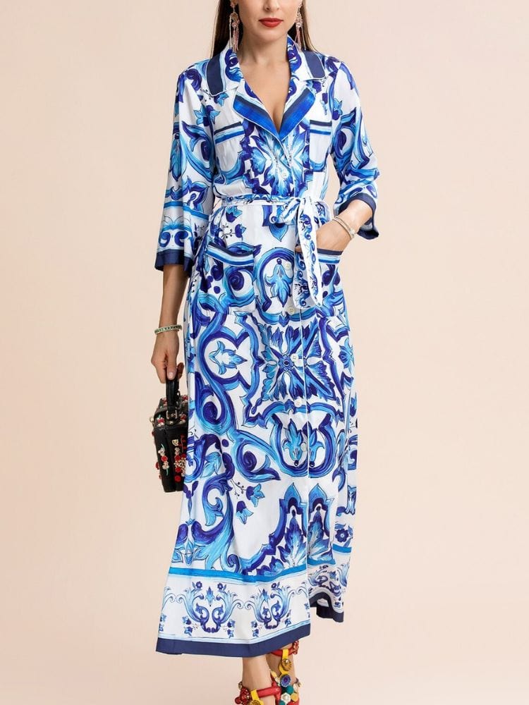 BOHEMIAN THE LABEL  BLUE PRINT / S Chloe Short Sleeve Shirt Print Midi Dress