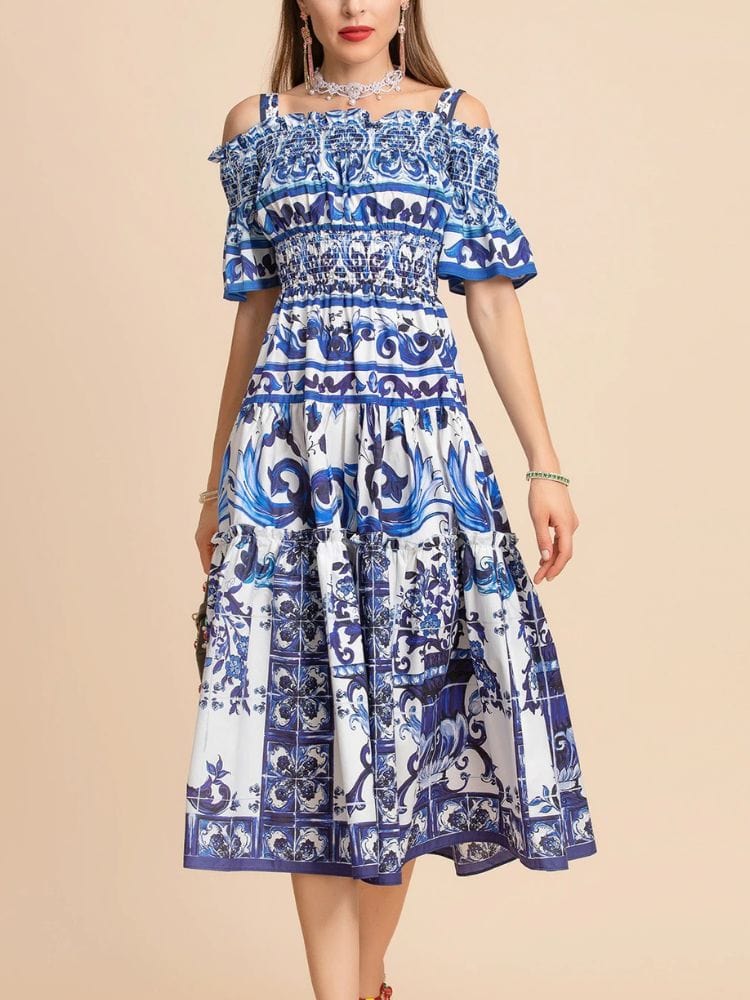 BOHEMIAN THE LABEL  BLUE PRINT / S Kim Off Shoulder Print Midi Dress