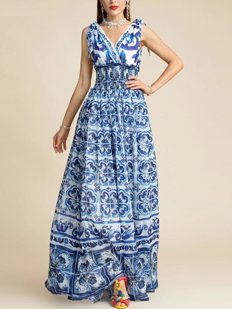 BOHEMIAN THE LABEL  BLUE PRINT / S Kim V Neck Print Gown Dress