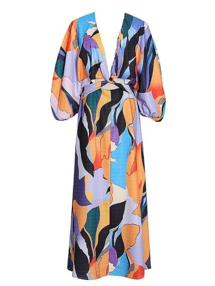 BOHEMIAN THE LABEL  BLUE VINTAGE PRINT / S Harmony V Neck Long Sleeve Midi Dress