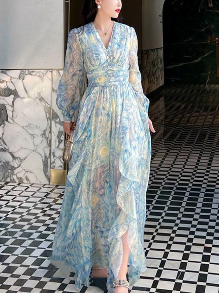 BOHEMIAN THE LABEL  BLUE VINTAGE PRINT / S Tanya V Neck Long Sleeve Vintage Print Gown Dress
