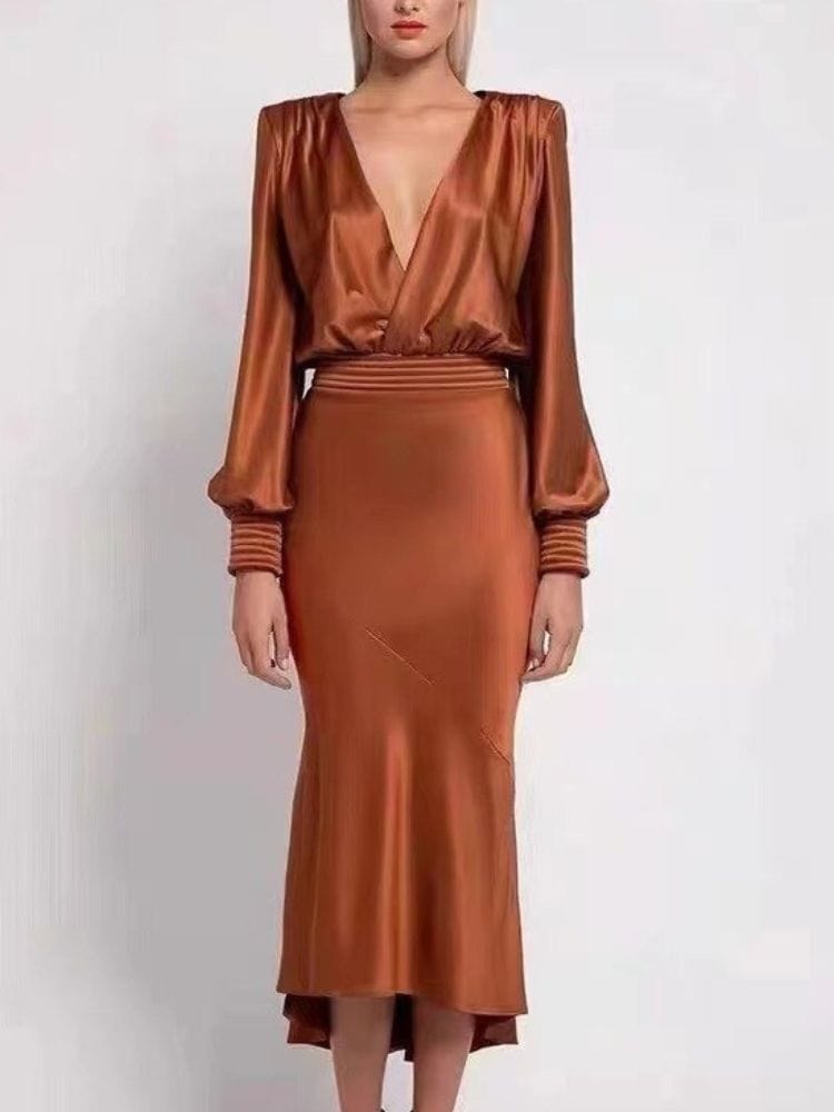 BOHEMIAN THE LABEL Mira V Neck Long Sleeve Midi Dress