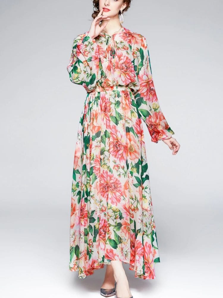 BOHEMIAN THE LABEL  PINK FLORAL / S Celene Long Sleeve Floral Gown Dress