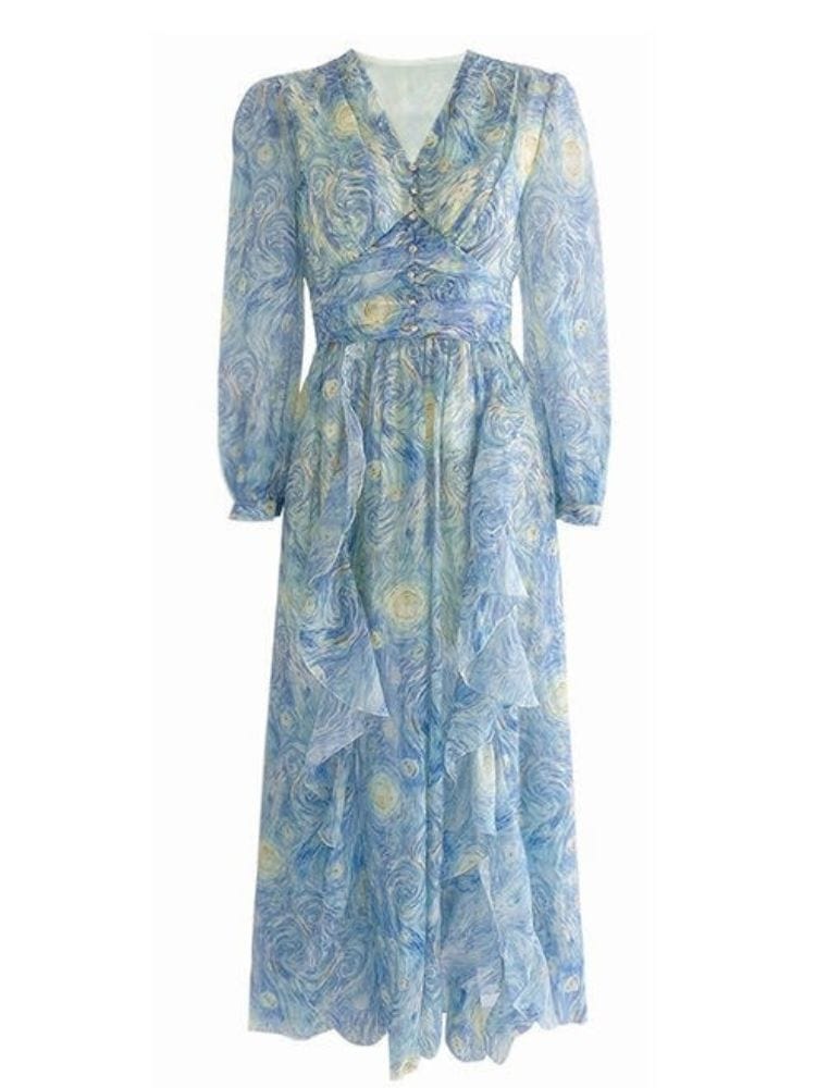 BOHEMIAN THE LABEL  Tanya V Neck Long Sleeve Vintage Print Gown Dress