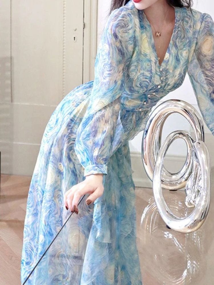 BOHEMIAN THE LABEL  Tanya V Neck Long Sleeve Vintage Print Gown Dress