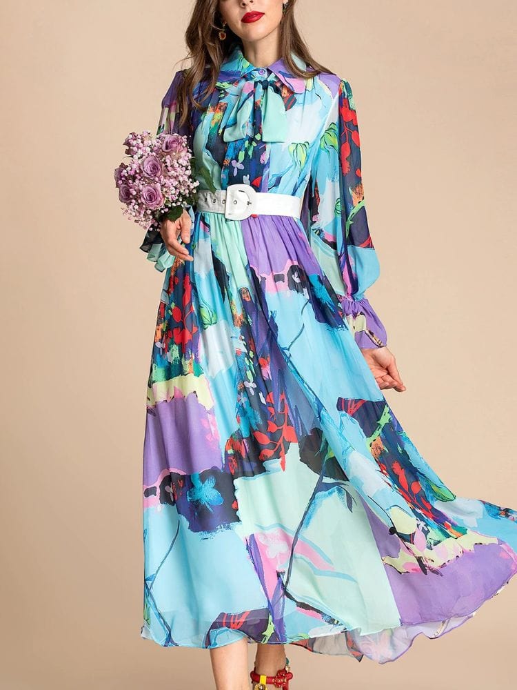 BOHEMIAN THE LABEL  VIOLET PRINT / S Isla Bow Tie Long Sleeve Gown Dress